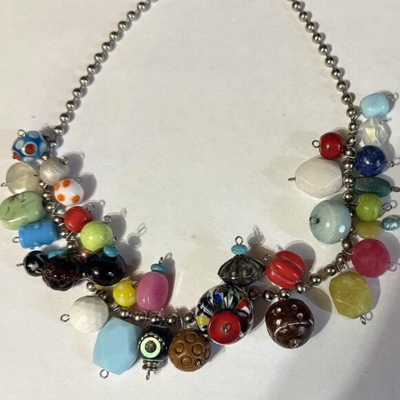 Amazing CZECH ART GLASS BEADS Multicolor COLORFUL SILVER CHAIN NECKLACE 18" - Picture 1 of 7